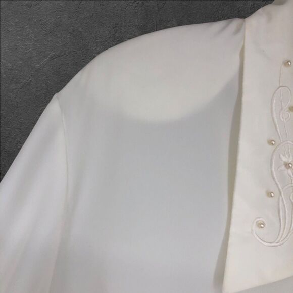 Vintage 80s Ivory Poet, Secretary Blouse w/Embroidered & Beaded Collar, SZ 12 - Picture 3 of 10